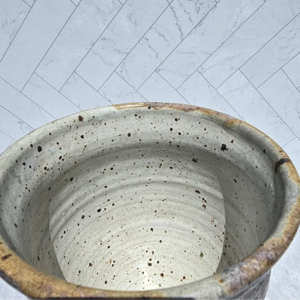 Studio MCM Pottery Hand Thrown Speckled Glaze Vase Abstract Indigo Ochre Signed